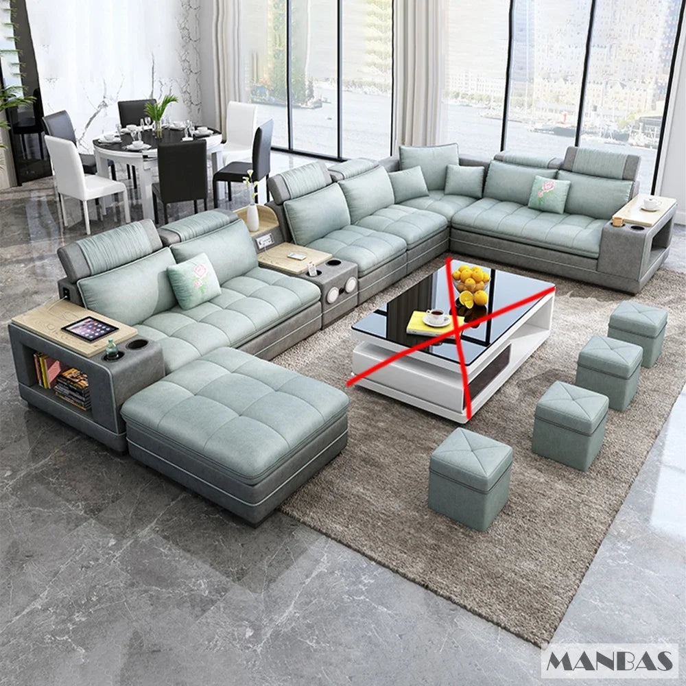 MINGDIBAO Nordic Fabric Sofa Set with Bluetooth Speaker & USB - Modern Living Room Modular Sofas Big U Shape Corner Cloth Couch