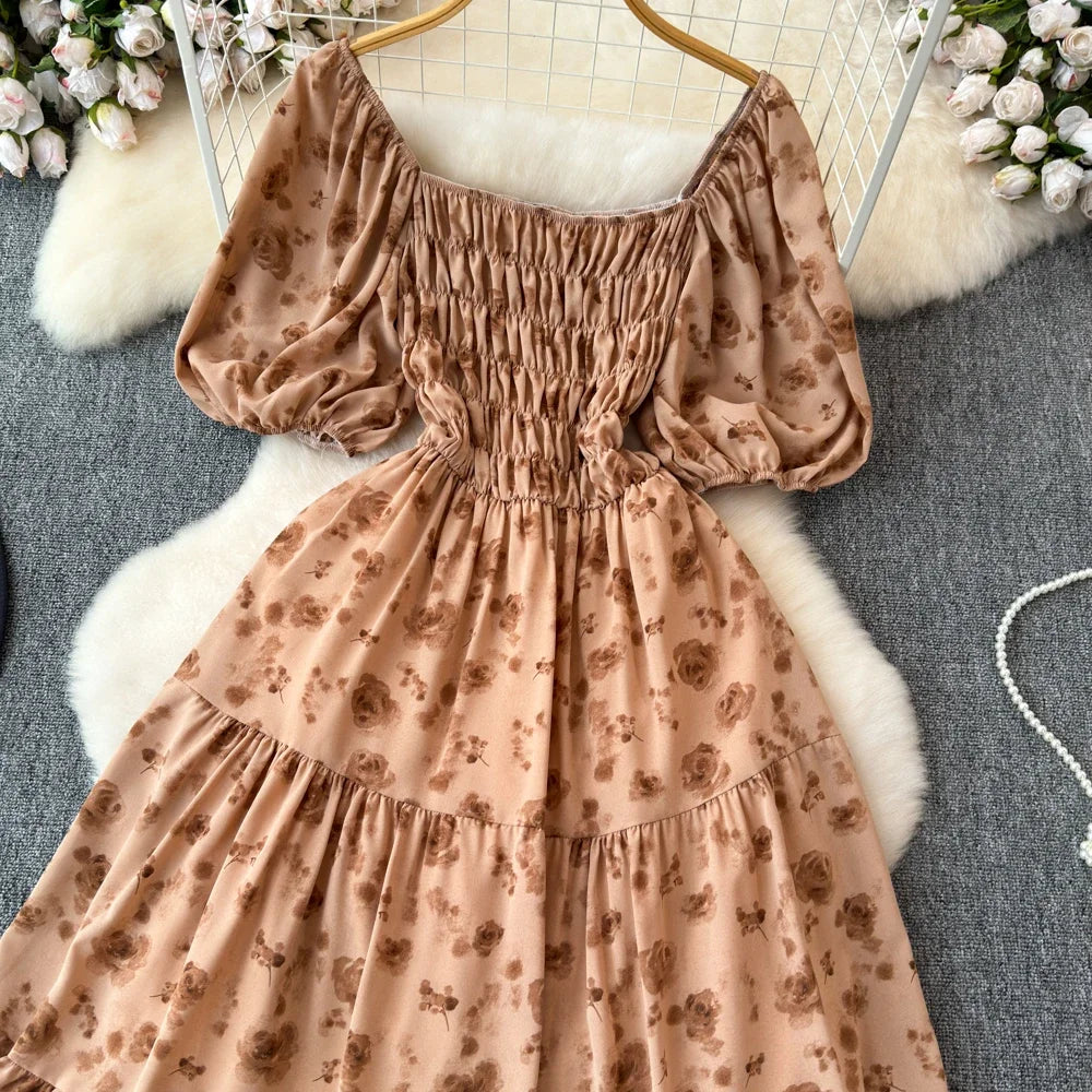 2024 New Summer Flower Print Long Dress Women Vintage Square Neck Ruched Chest Sash Bandage Sundress Party Vestidos