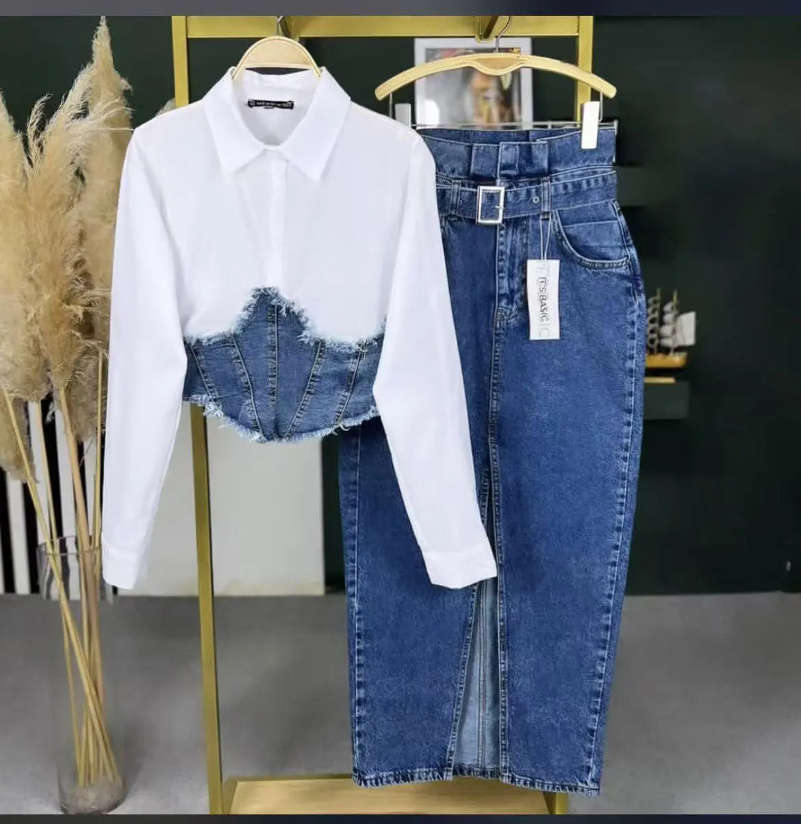 Denim Skirt Suit Women 2 Piece Sets Shirt Patchwork Turn Down Collar Belt Pockets Overshirt Straight Skirts Distressed Outfits