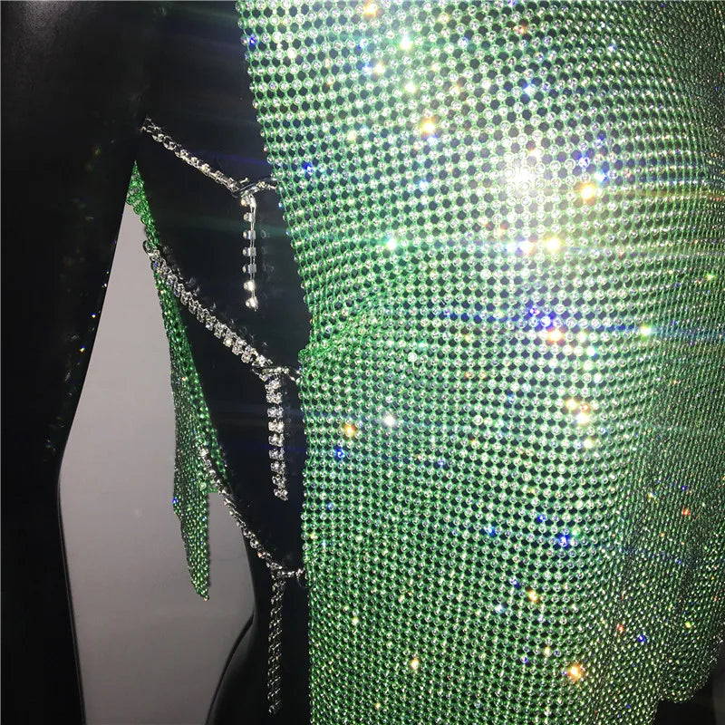 Sexy Rhinestone Backless Party Crop Top Women Glitter Turtleneck TShirt Adjustable Metal Chain Summer Nightculb Diamond Tank Top