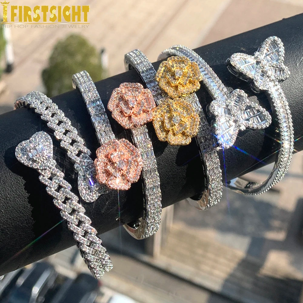 2025 New Iced Out Bling Opened Heart Flower Charm Bracelet AAA CZ Zircon Butterfly Bangle For Men Women Hip Hop Luxury Jewelry