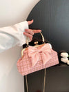 Glittering Chain Plaid Pattern Evening Bag For Women Bow Decor Shoulder Bag, Fashionable Elegant Clutch, Women‘s Crossbody Bag