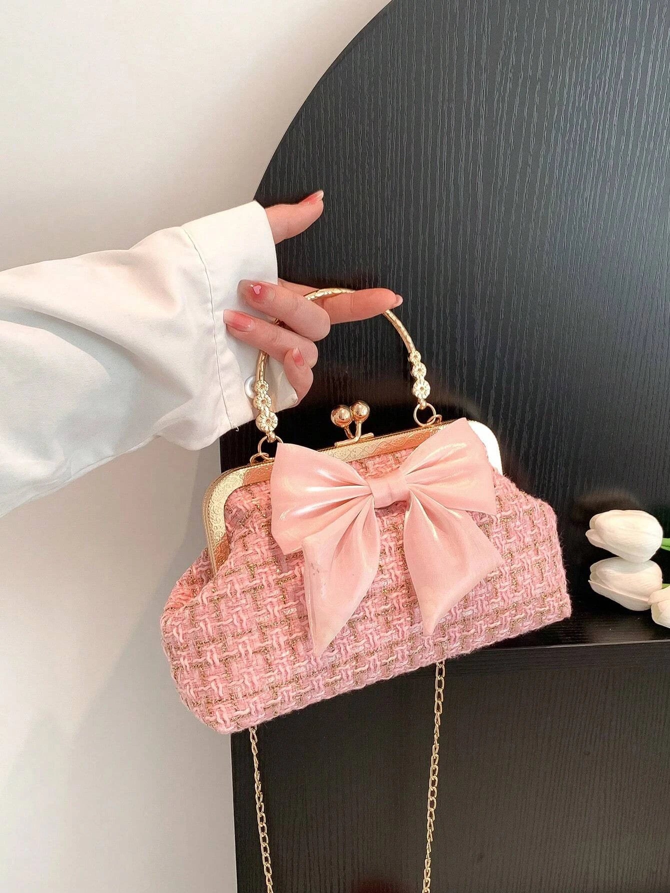 Glittering Chain Plaid Pattern Evening Bag For Women Bow Decor Shoulder Bag, Fashionable Elegant Clutch, Women‘s Crossbody Bag