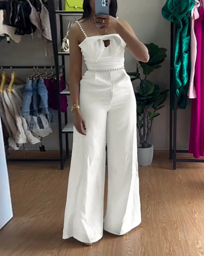 Fashion 2025 Summer Casual Sexy Elegant Bandeau Beaded Spaghetti Strap Bowknot Design Ruched Slim Fit Jumpsuit Elegant Overall