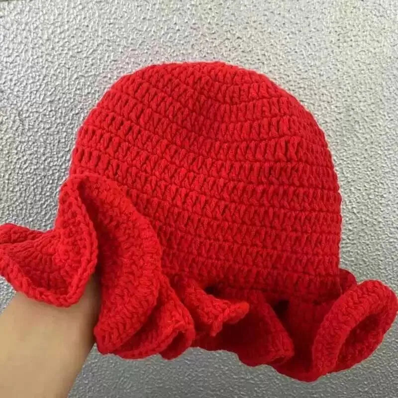 Handmade knitted hat with pleated ruffle edges and lace for both men and women, quirky and creative adult hat