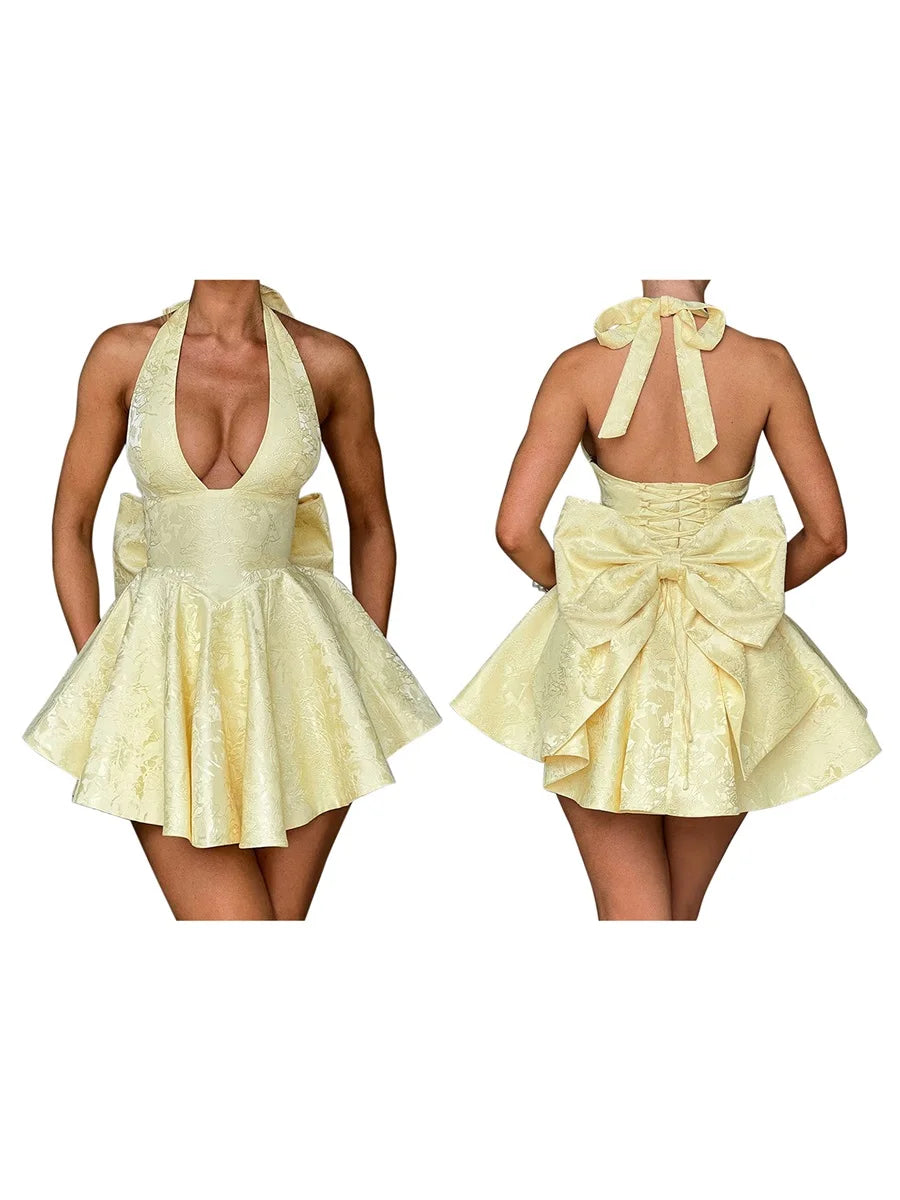 Women Halter Neck Short Dress Summer Jacquard Big Bow Backless Bandage Elegant Evening Party Dresses for Cocktail Prom Wedding