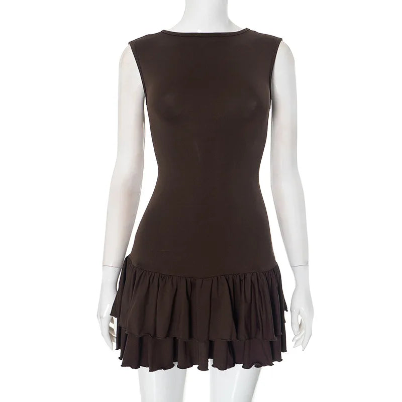 Women's Solid Pleated Short Dress Sleeveless O-neck Fashion Elegant Simple Mini Bodycon Dresses Slim Street Casual Party Holiday