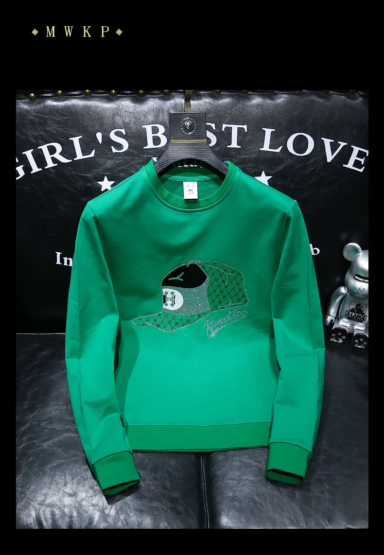 Round Collar Men's Pullover New Male Hoodies Personalized Hat Hot Diamond Print Fashionable Top Youth Bottoming Shirt Clothing