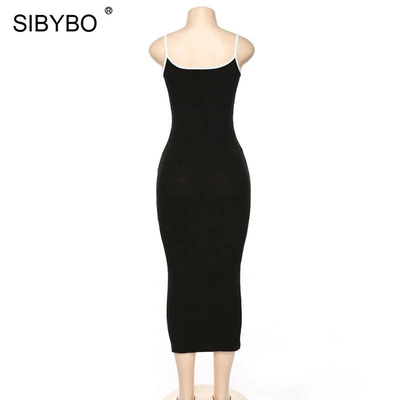 SIBYBO Ribbed Spaghetti Strap Cotton Dress Women Sleeveless O-Neck Summer Dress Solid Backless Long Party Dress