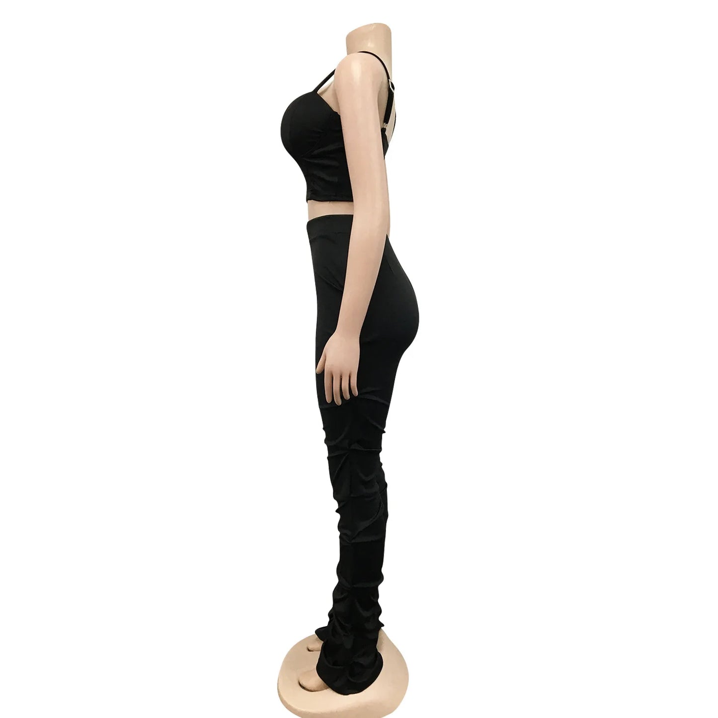 Sexy Solid Color Women's 2-Piece Slim Fit Open Back Zipper Tank Top+High Waist Trouser Set Amazing Bust Wrapping Street Clothing