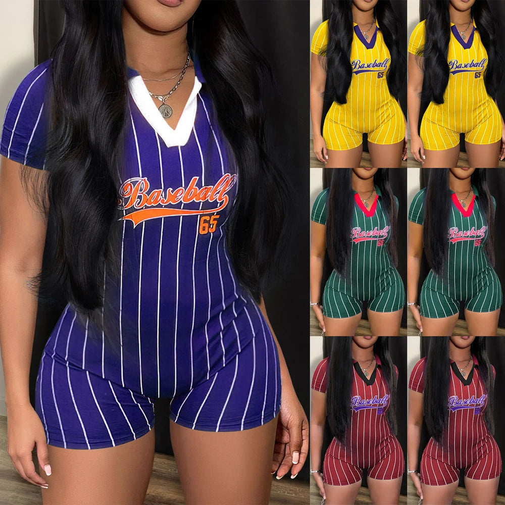 Women's V Neck Casual Jumpsuit One Piece Tight Short Rompers Sports Clothes Baseball Letter Print Summer Outfit New Fashion 2023