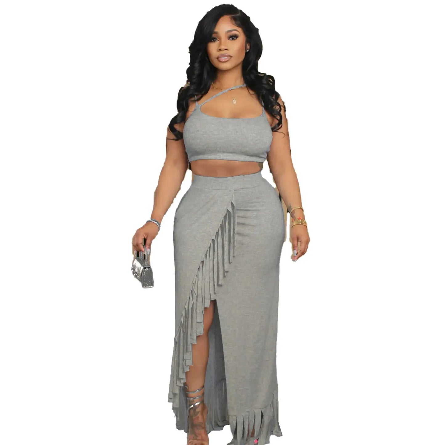 CM.YAYA Summer Women Sets Sleeveless Sexy Strap Crop Top and Tassel Long Skirt Sets Night Club Party Beach 2 Two Piece Sets