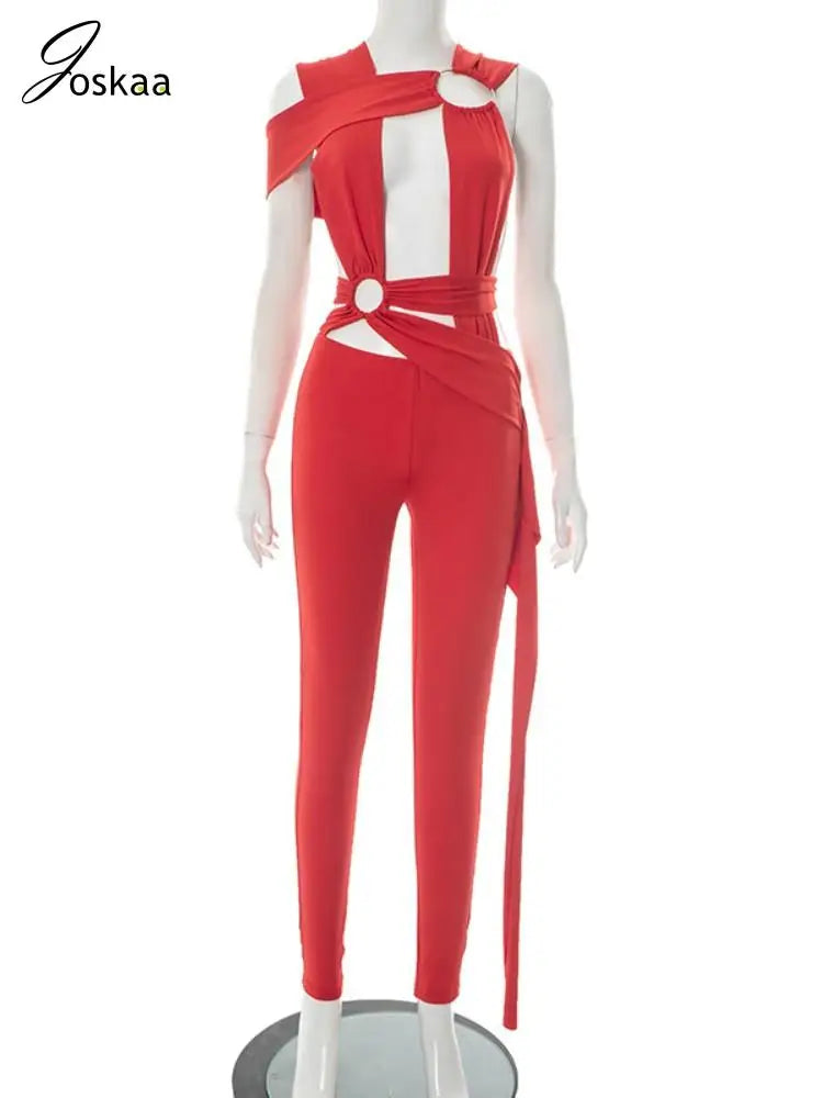 Joskaa Sexy Hollow Bandage Irregular Jumpsuit Women Summer Sleeveless Backless Ribbon Skinny Rompers 2025 Midnight Clubwear