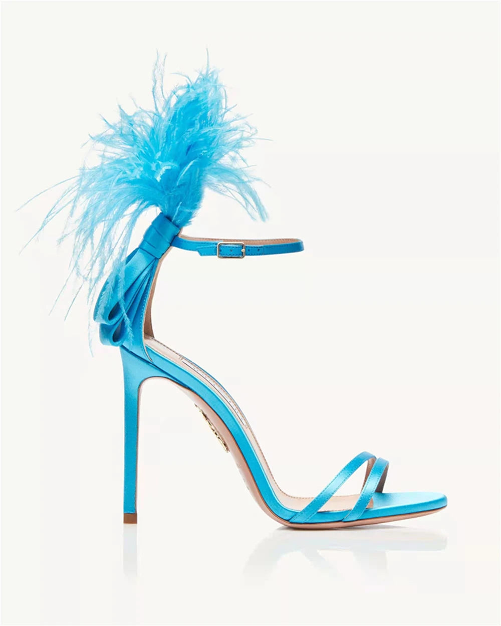Summer new feather flower silk ribbon sexy open-toe sandals thin high-heeled banquet dress fashionable large-size women's shoes