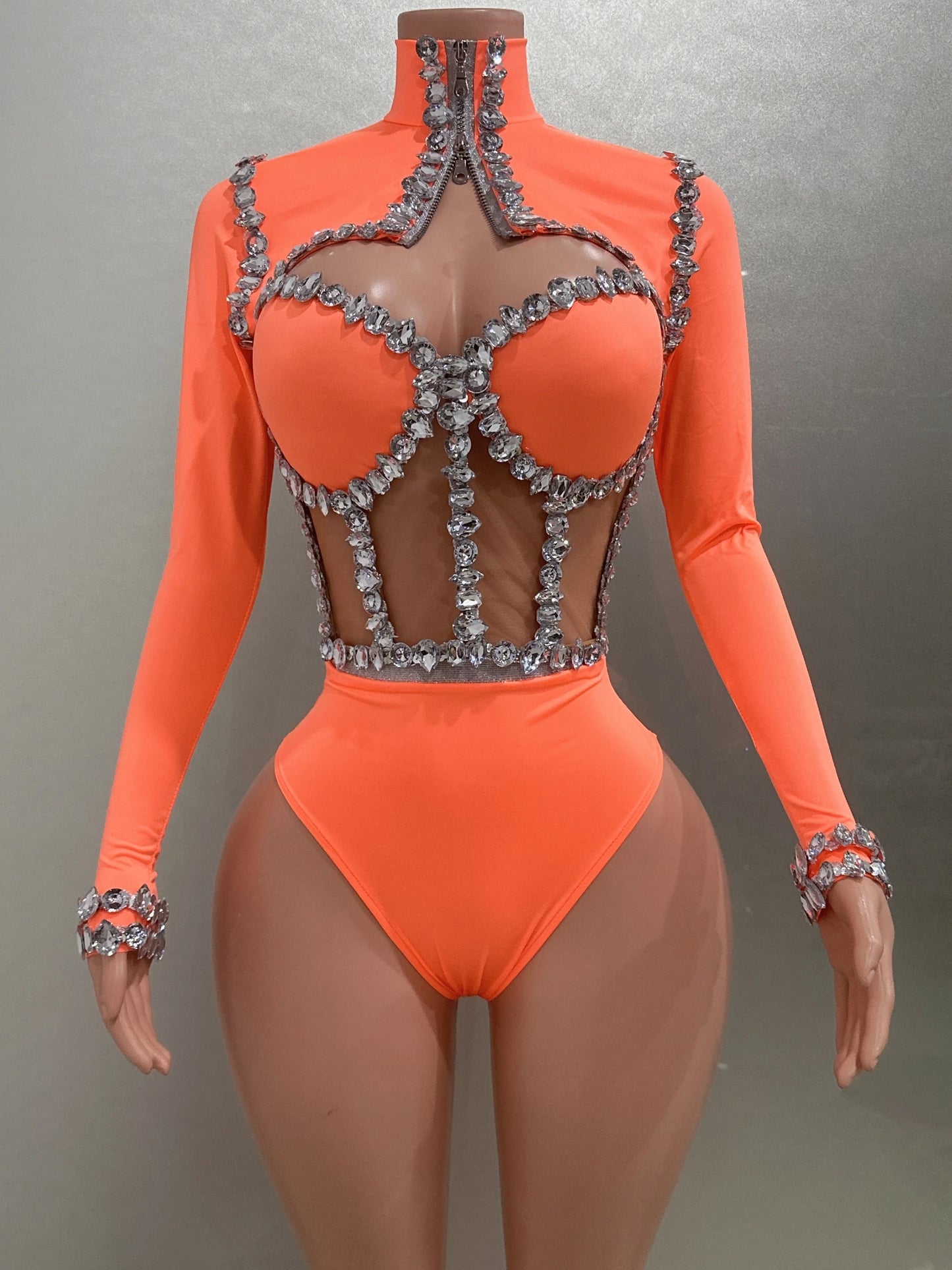 Sexy See-Through Strapless Rhinestone Tops Zipper Jacket High-waisted Shorts 3-Pieces Sets Party Nightclub Perfprmance Costume