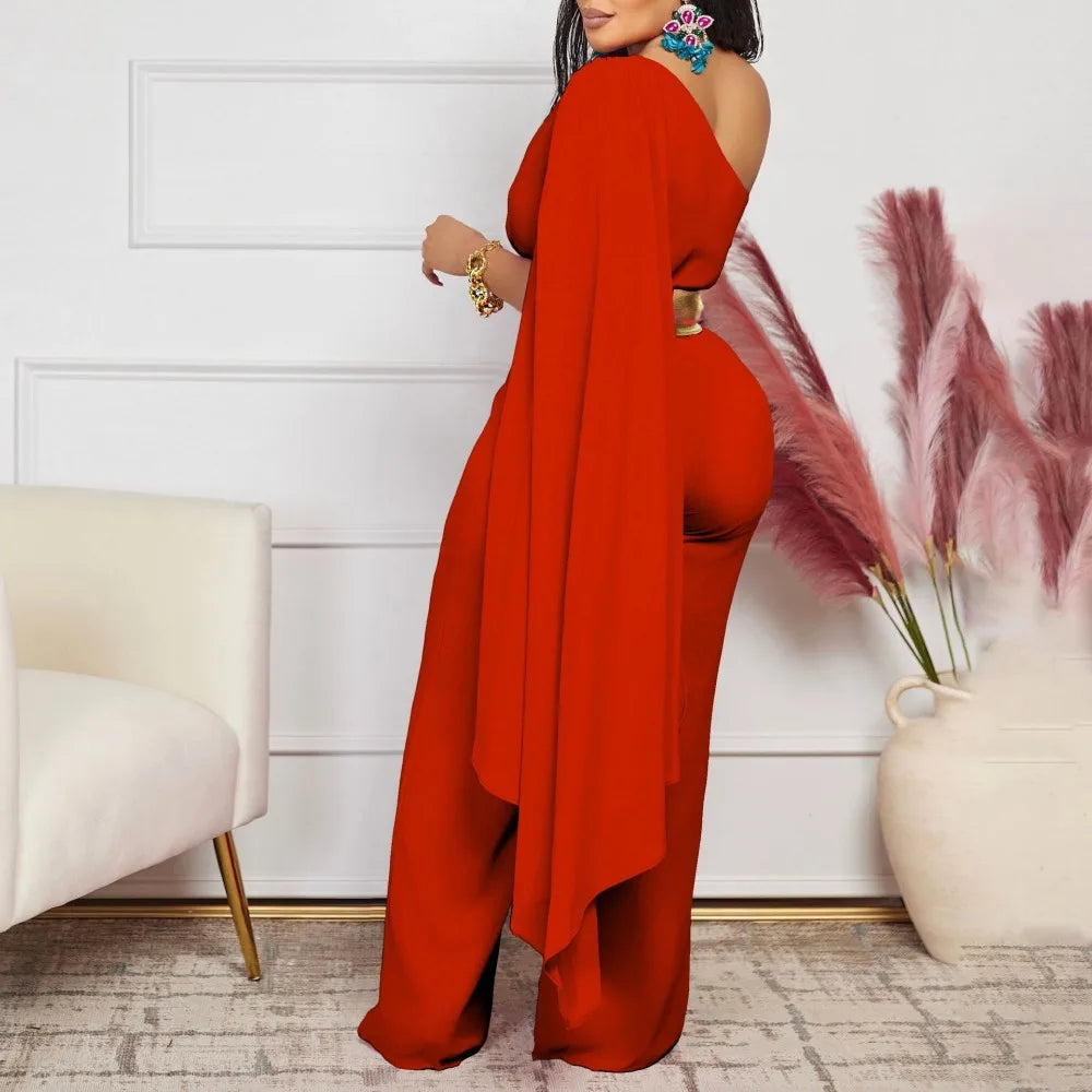 Elegant Women One Shoulder Jumpsuit with Belt Long Sleeve Spring Summer Plus Size One Piece Fashion Sexy Ladies Rompers 2024