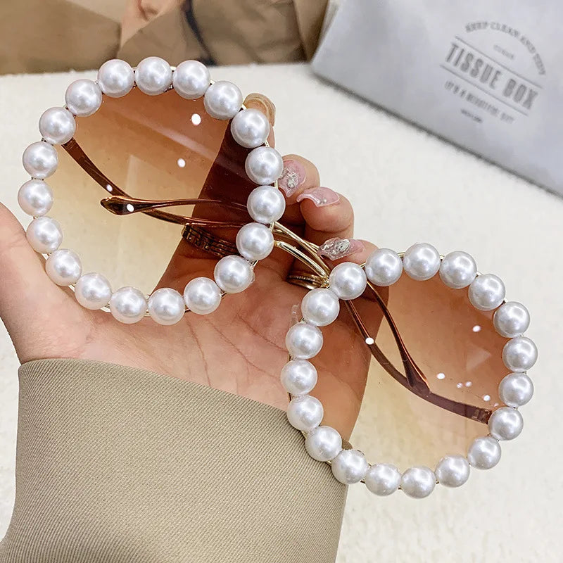 Luxury Pearl Sunglasses 2024 New Fashion Metal Frame Round Sun glasses Brand Designer Sunglasses UV400
