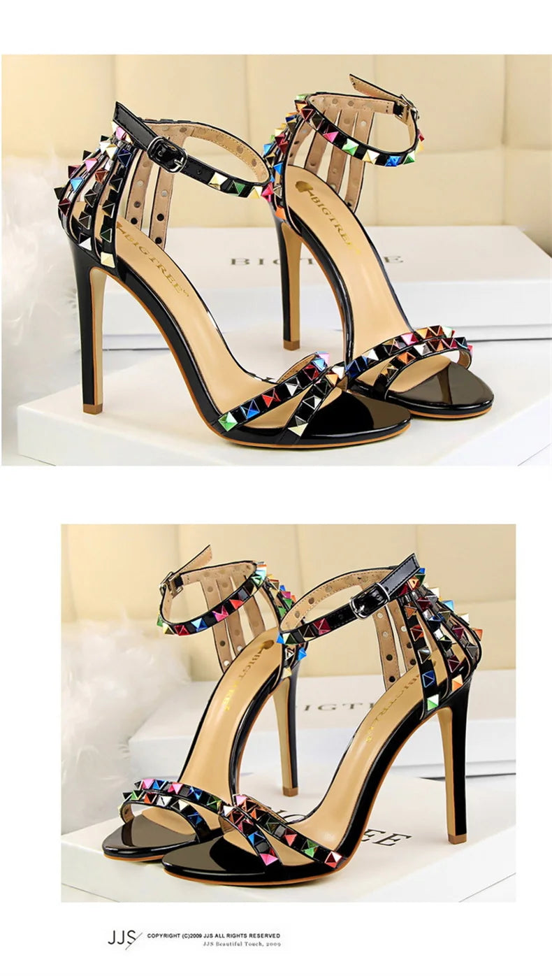 Summer Women Roman High Heels Rivets Studded Sandals Stiletto Gladiator Pumps Open Toe Luxury Shoes Hollow One-word Buckle 267-2