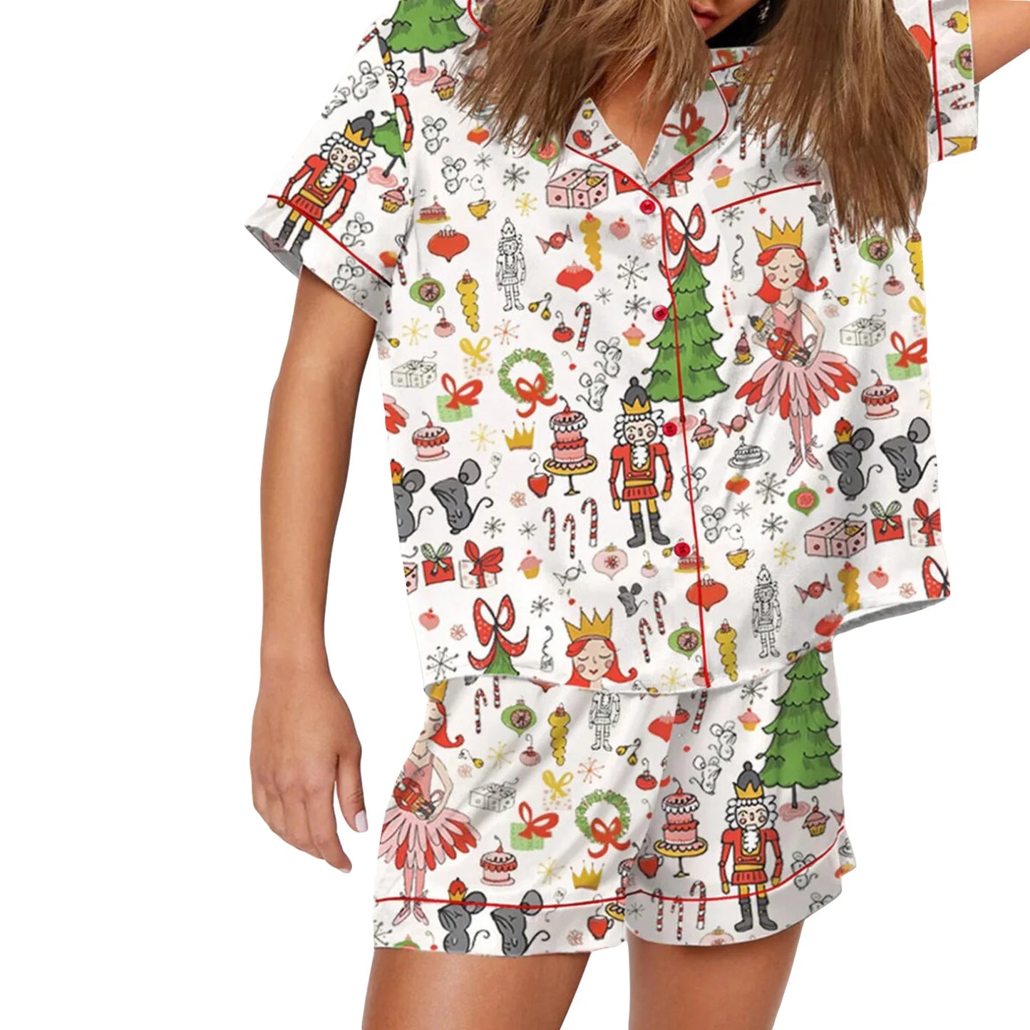 Nutcracker Pajamas Women Christmas Pajama Set Short Sleeve Tops+Elastic Waist Shorts Santa Claus Avatar Print Sleepwear Outfits