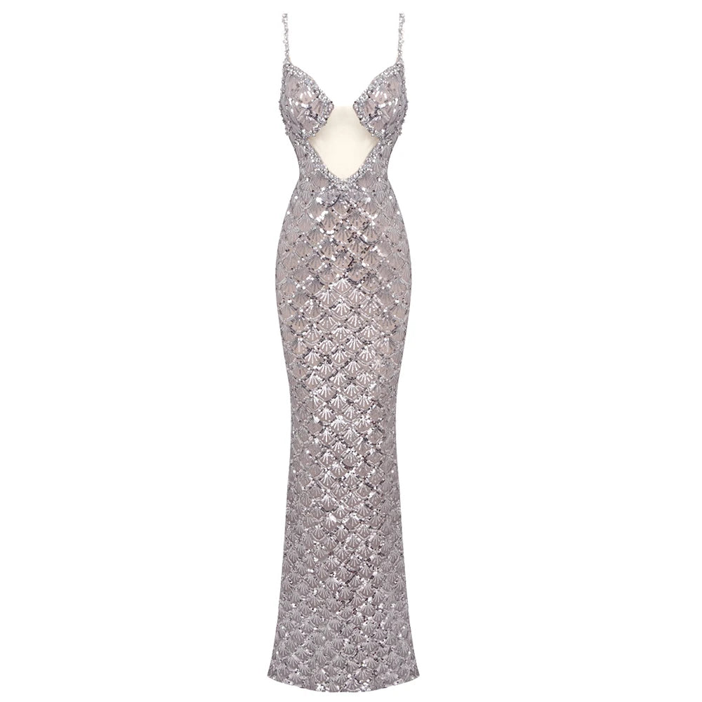 VC Sexy Deep V Plunge Neck Backless Sequins Mesh Sparkly Silver Maxi Long Dress Elegant Party Evening Outfits Vestido