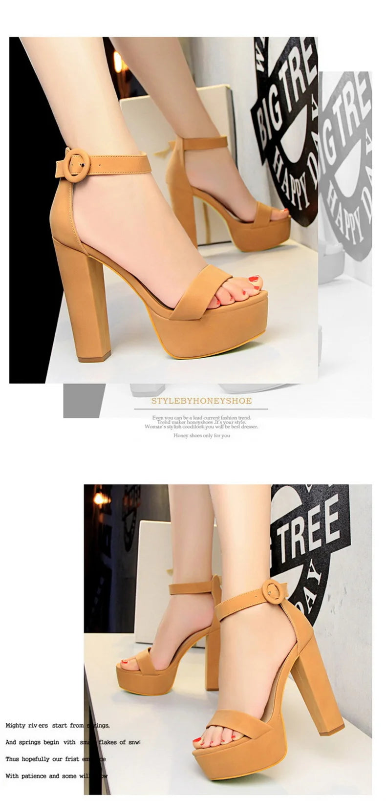 Fashion Women Pumps Sandals Summer Platform Belt Buckle Strap PU Square Heel Outdoor Korean Style Black Open Toe Grace 1550-1