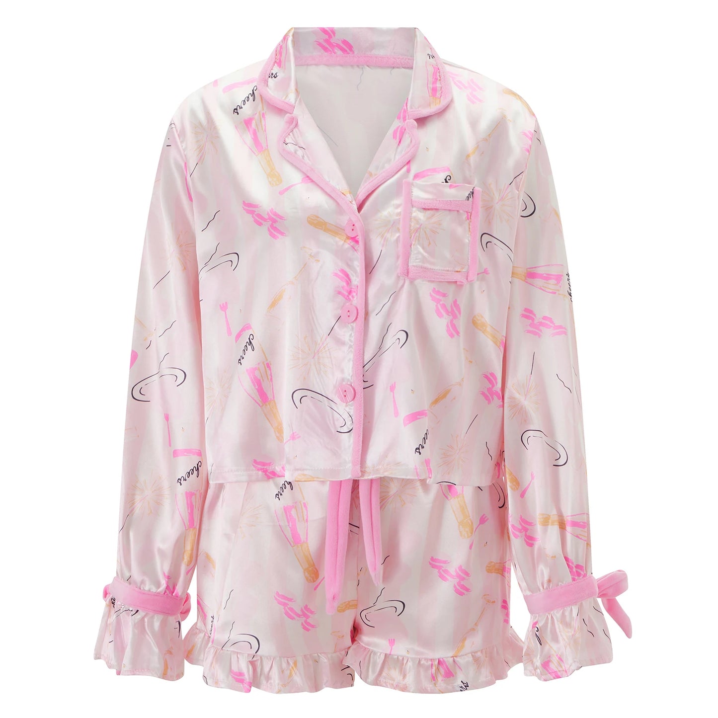 Women 2 Piece Christmas Pajamas Cute Bow Tie Long Sleeve Santa Claus Shirts Ruffles Boxer Shorts Satin Silk Xmas Pjs Sets