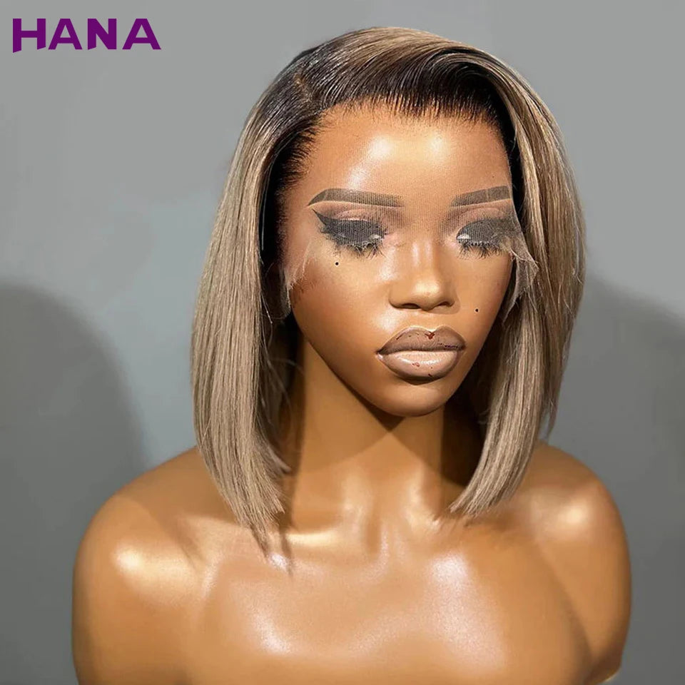 Ombre Ash Blonde With Brown Roots Colored Short Bob Wig 13x4 Lace Front Wig 180% Density Straight Human Hair Wig For Black Women