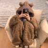Brown Furry Pajama Sets Fluffy Teddy Bear Hooded Zipper Sleepwear Women Plush Warm Thick Christmas Homewear Y2K Kawaii Nightwear