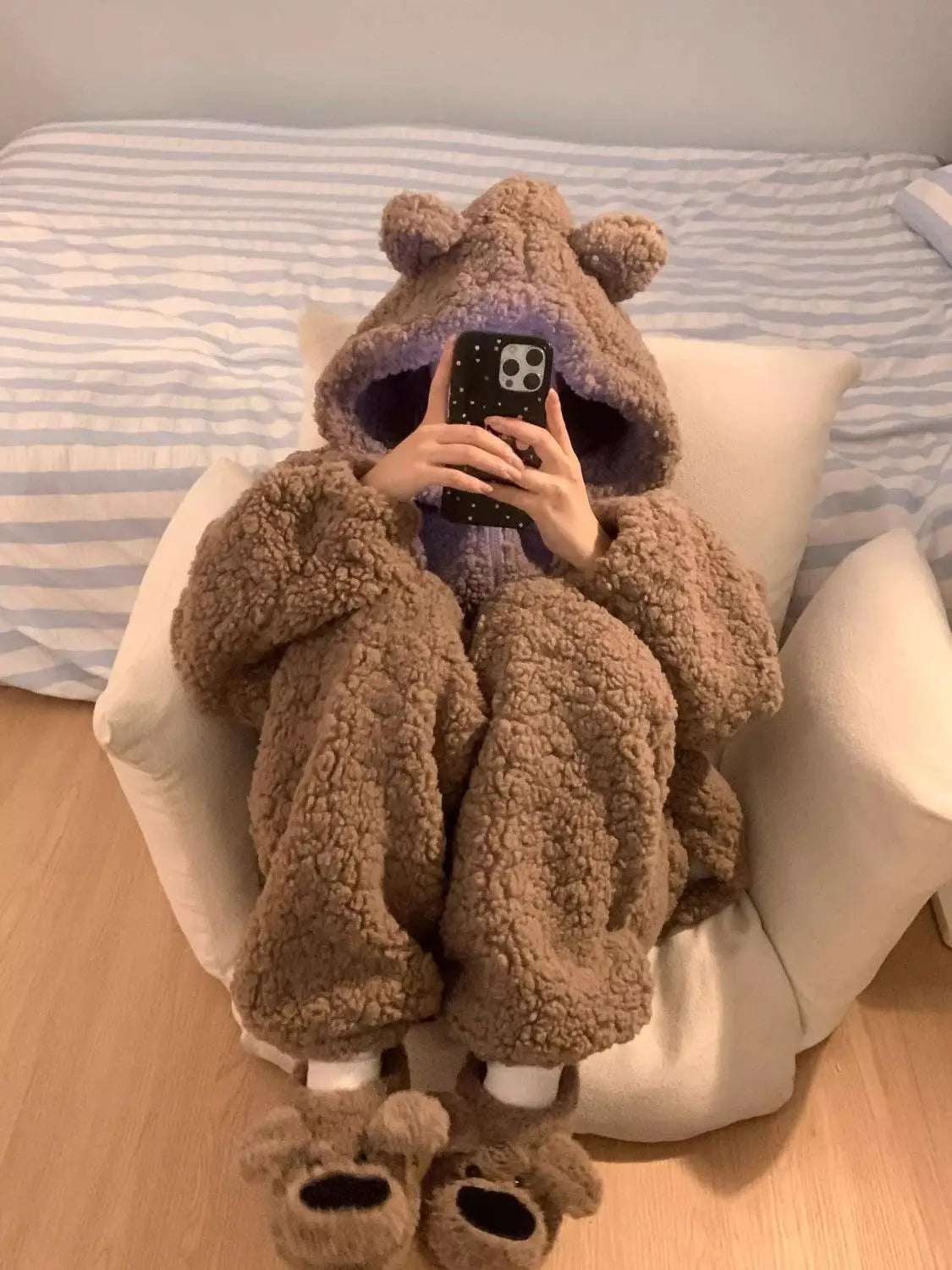 Brown Furry Pajama Sets Fluffy Teddy Bear Hooded Zipper Sleepwear Women Plush Warm Thick Christmas Homewear Y2K Kawaii Nightwear