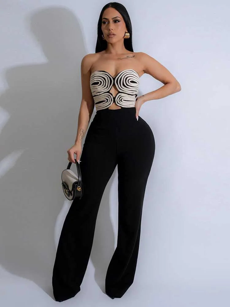Women Summer Strapless Jumpsuit Sexy One Piece Outfits Cut Out Waist Party Jumpsuit Clothing Lady Full Length Backless Jumpsuits