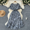 Summer Pleated Women Buttons Dresses Casual Beach Holiday Short Sleeve V Neck Woman Midi Dress Bohemian Mujer Vestidos