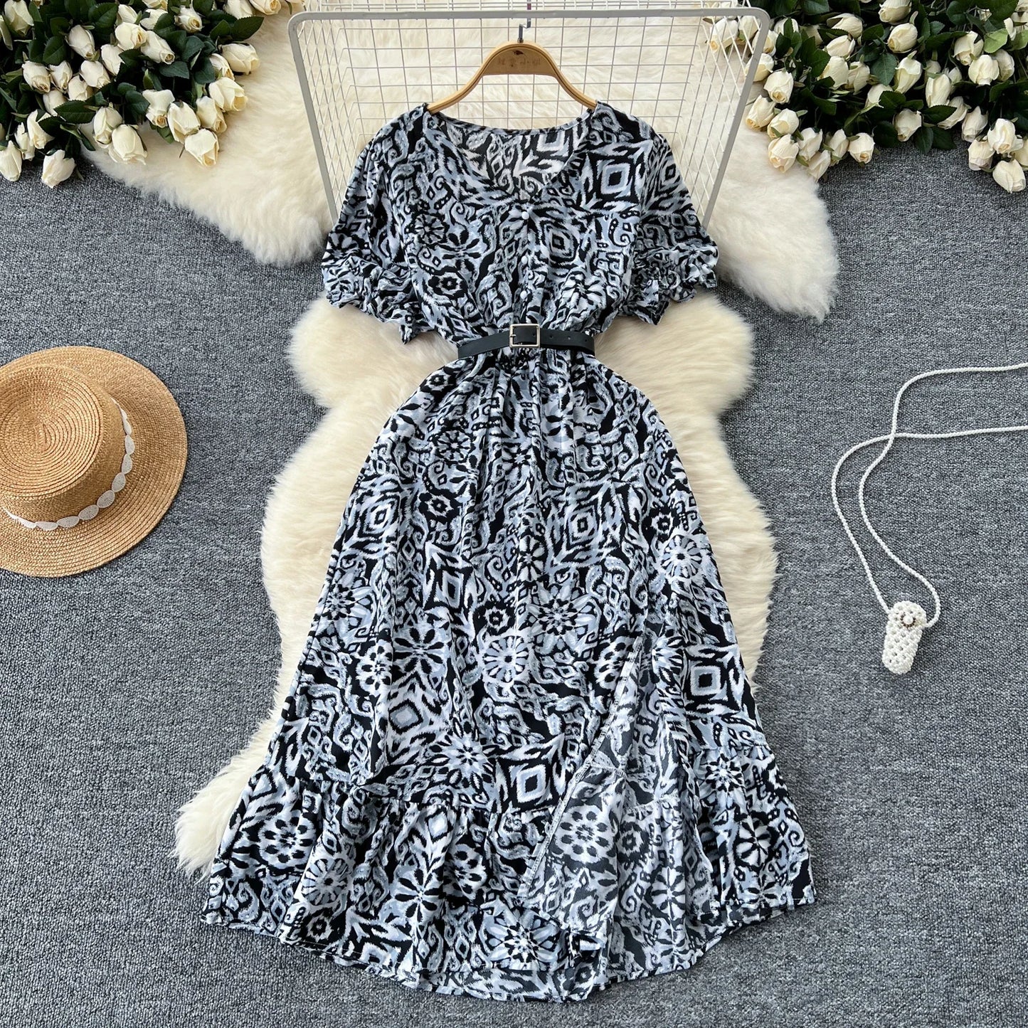 Summer Pleated Women Buttons Dresses Casual Beach Holiday Short Sleeve V Neck Woman Midi Dress Bohemian Mujer Vestidos