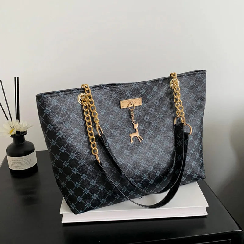 Luxury Old Money Tote Bag - Printed PU with Metal Chain Strap,Spacious & Lightweight for Women Commuting Travel