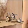Summer One-word Rhinestone Square Head Sandals Women's Stiletto Open-toed Crystal Gemstone High Heels