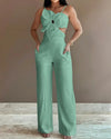 2024 Summer Fashion White Jumpsuit Women Floral Pattern Shirred Hollow Out Casual Asymmetrical Neck Pocket Backless Jumpsuits