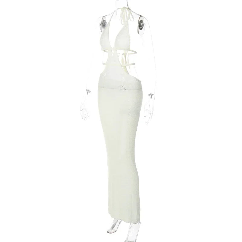 BWQ Knitted Lace Up Halter Midi Dress Women Bodycon Sexy Streetwear Party Club Outfits Beach Crochet Long Dress Fall Winter