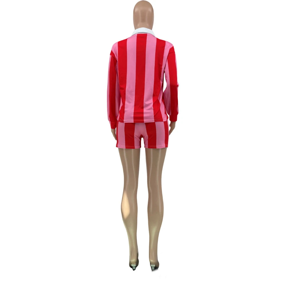 Women's Clothing Fashion Striped Sets Long Sleeve Polo-Neck T Shirt and Shorts 2025 Spring Summer 2 Two Piece Set Tracksuit