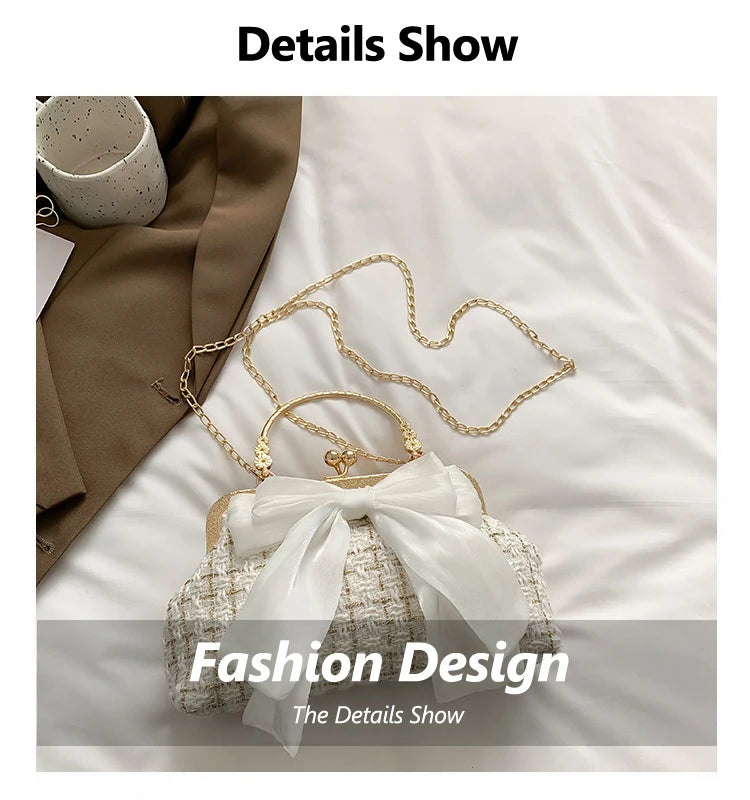 Glittering Chain Plaid Pattern Evening Bag For Women Bow Decor Shoulder Bag, Fashionable Elegant Clutch, Women‘s Crossbody Bag
