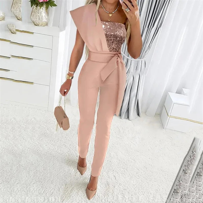Fashion Sequins Decoration One Shoulder Backless Jumpsuit Women Female Slim Fit Stretch Lace-up High Waist  Back Zipper Rompers