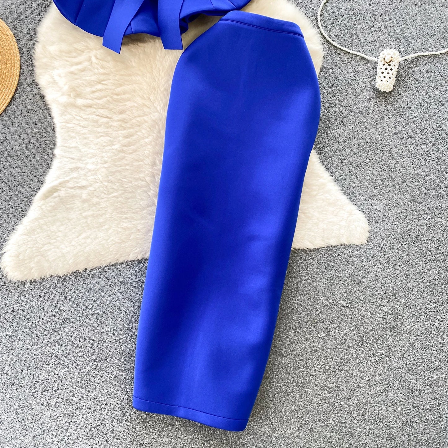Women Vintage Two Pieces Skirt Sets Women Long Sleeve Sexy Slash Neck Bandage Ruffle Blouse Top and High Waist  Hip Wrap Skirt