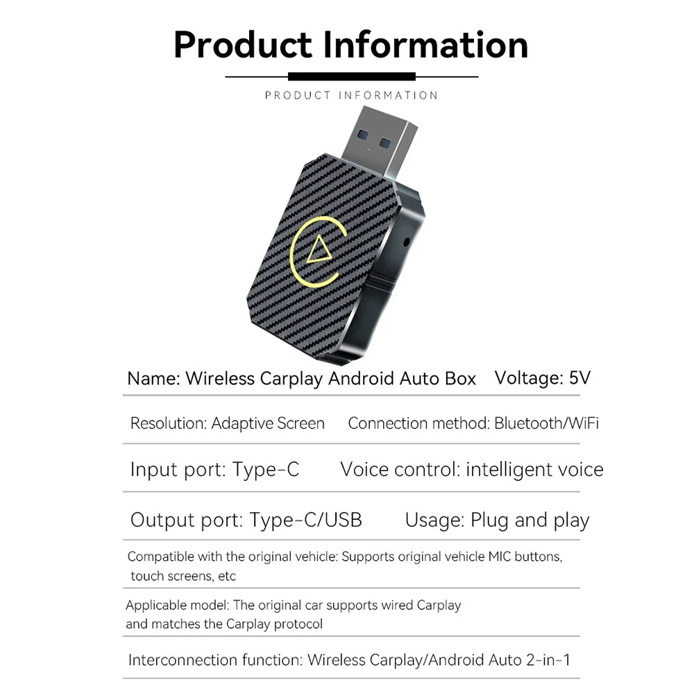 2 in 1 Wireless CarPlay Adapter & Android Auto Wireless Adapter, Type-C/USB Plug & Play Carplay Wireless Adapter Auto Connect
