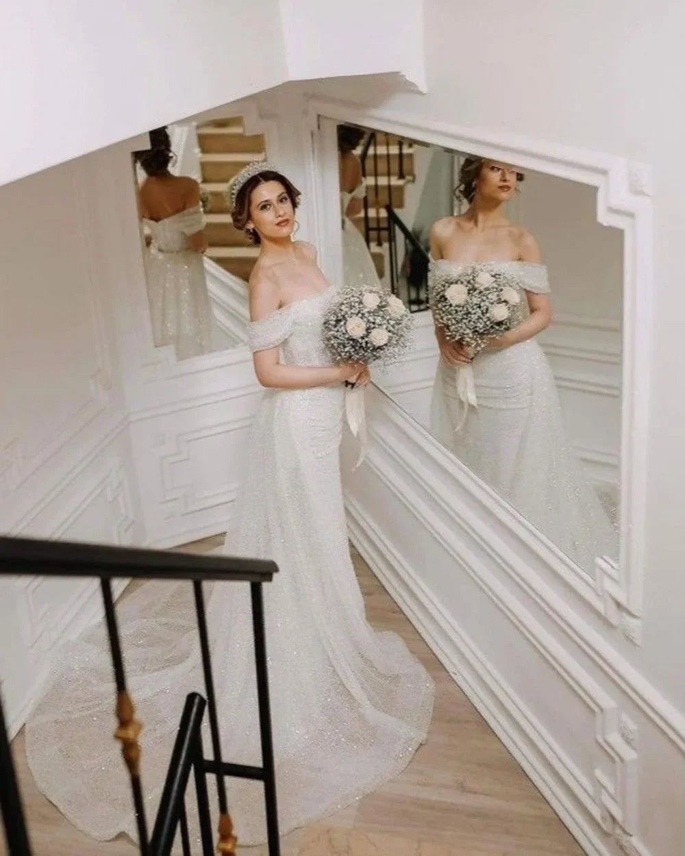 Bella White Glitter Prom Dresses Shiny Sequins Mermaid Wedding Dress Customized Long Train Off Shoulder Vestidos De Fiesta 2024