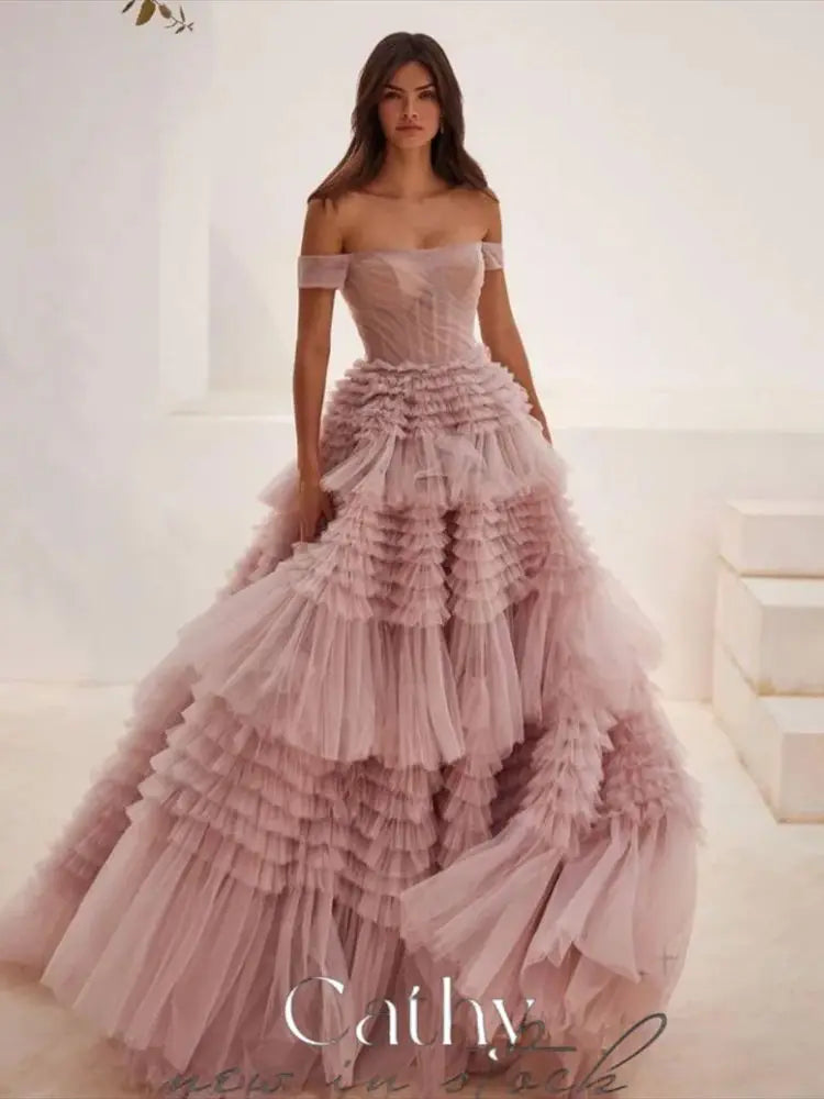 Cathy Elegant Off Shoulder Tulle Prom Dress 2024 Multilayer Mesh Sleeveless Ball Gown Vestidos De Fiesta Long Train Party Dress