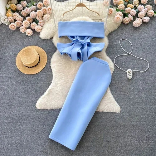 Women Vintage Two Pieces Skirt Sets Women Long Sleeve Sexy Slash Neck Bandage Ruffle Blouse Top and High Waist  Hip Wrap Skirt