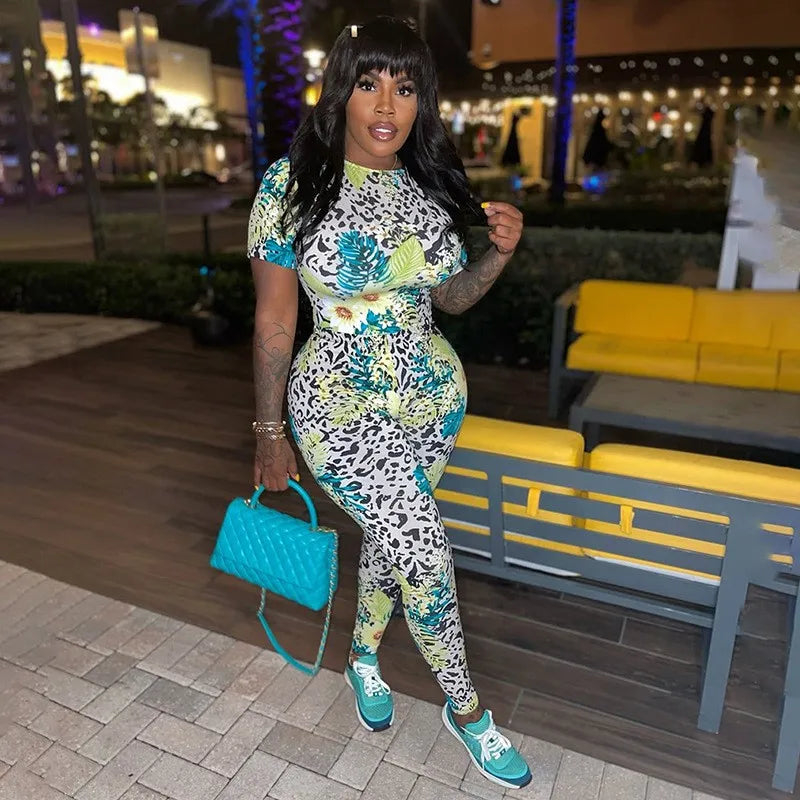 Joskaa Colorful Print Sporty Jumpsuit Women Hipster O-Neck Short Sleeve Skinny Rompers 2025 Summer Fashion Overalls Streetwear