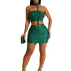New Silvery Sexy Mini Skirt and Choker Crop Top Strapless Halter Two 2 Piece Set Women Rhinestones Night Club Birthday Outfits