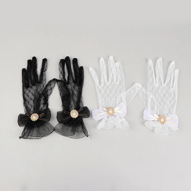 Girl Lolita Mesh Bow Flower Lace Gloves Black White Lace Gloves lolita Lace Sleeves Cosplay Jewelry
