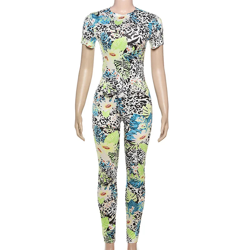 Joskaa Colorful Print Sporty Jumpsuit Women Hipster O-Neck Short Sleeve Skinny Rompers 2025 Summer Fashion Overalls Streetwear