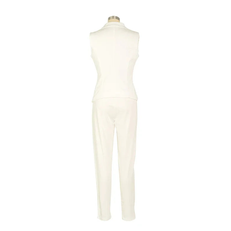 Business OL Work Wear Two Piece Pant Suits for Women Set Elegant Sleeveless Blazer Top + Pencil Pants Office Lady Matching Sets