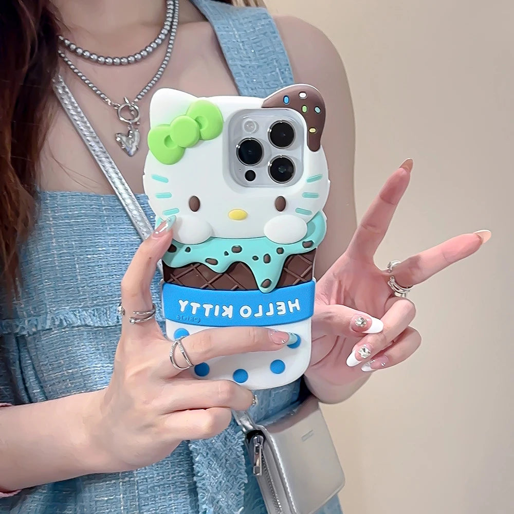 Cute 3D Ice Cream Sanrios Hello Kitty Phone Case for IPhone 15 14 13 12 11 Pro Max Drop-resistant Soft Silicone Back Cover Gift